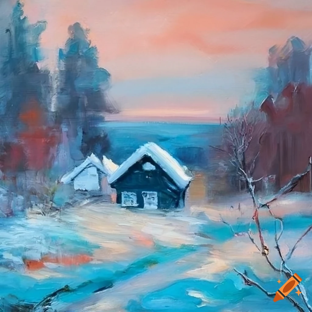 Winter landscape of norway with house in oil painting on Craiyon
