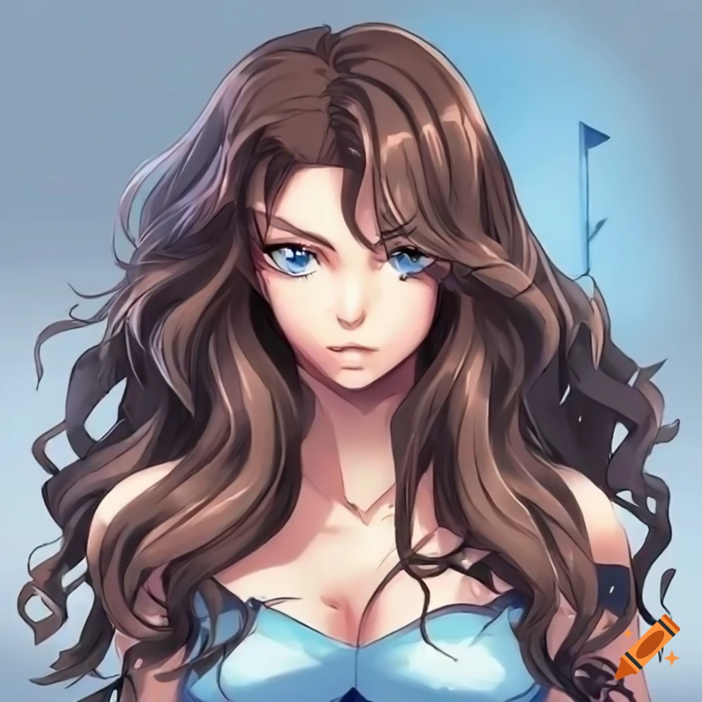 Empowered anime woman with toned muscles and wavy long brown hair