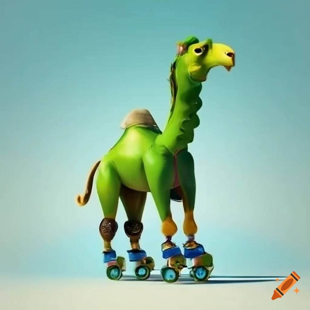 Green dromedary on roller skates