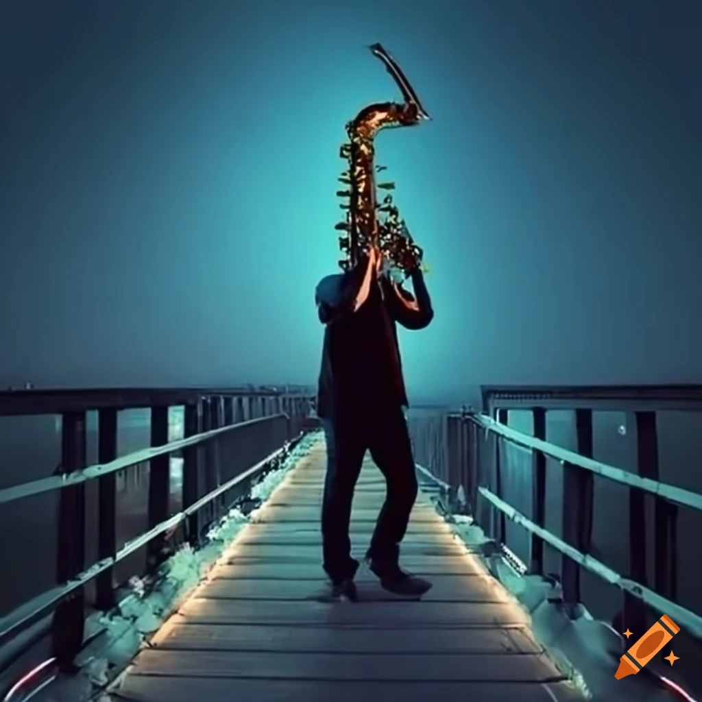 Man playing baritone saxophone on a bridge at night on Craiyon