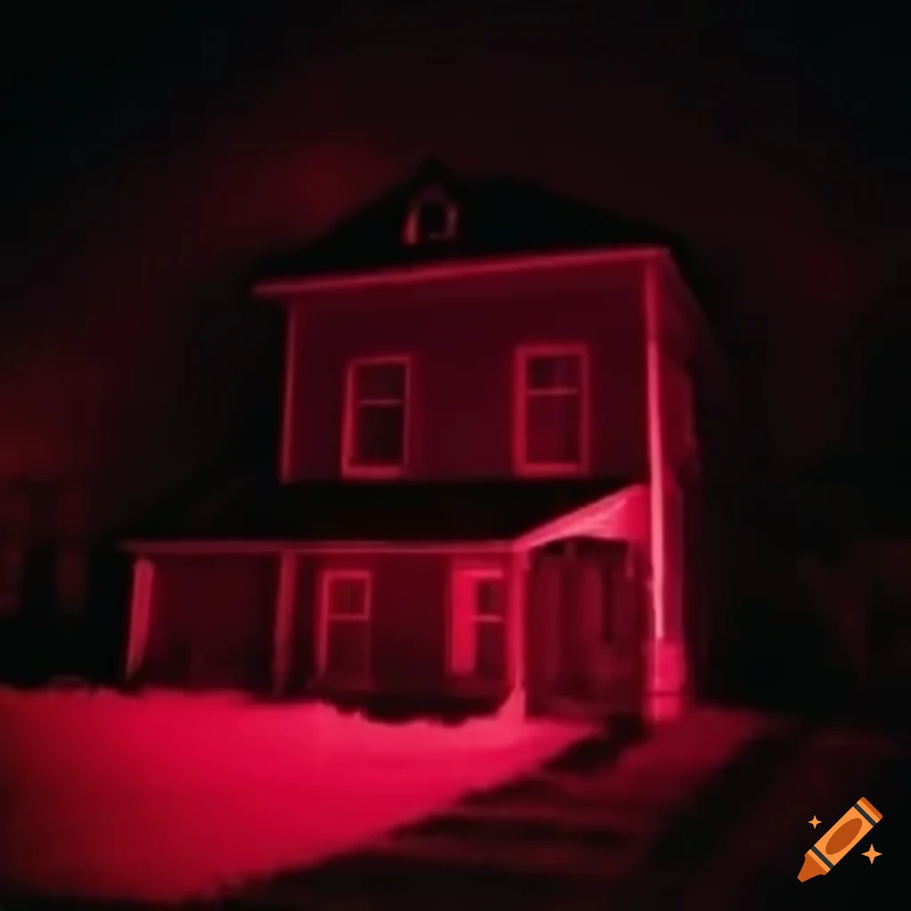 House under attack by red lights in a VHS style