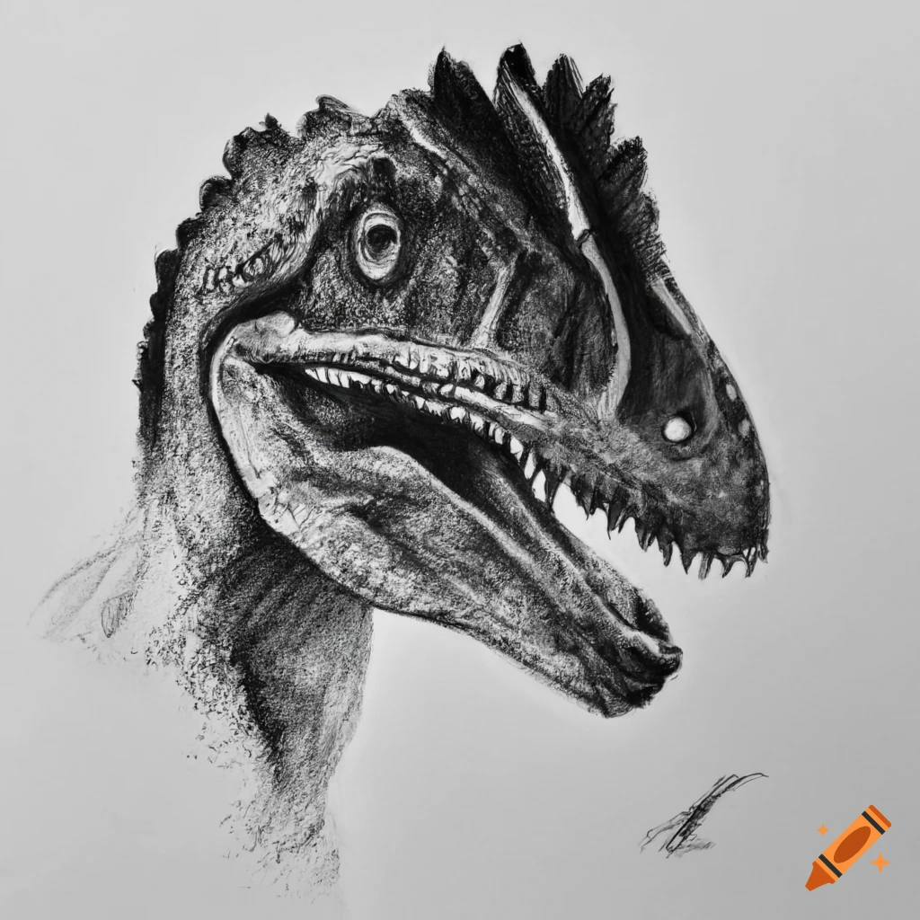 Charcoal drawing of dilophosaurus face in black and white