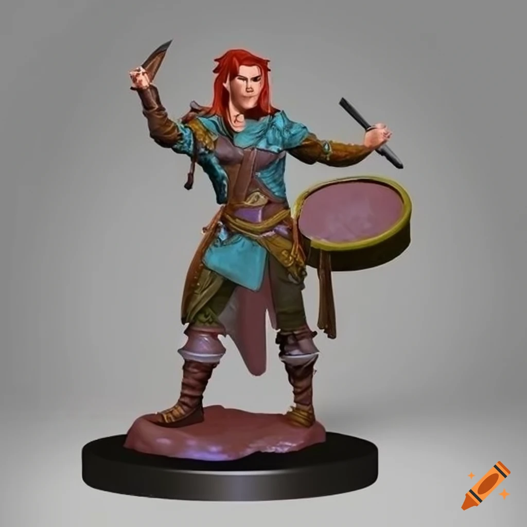 Male half-elf bard entertainer with rapier and little drum