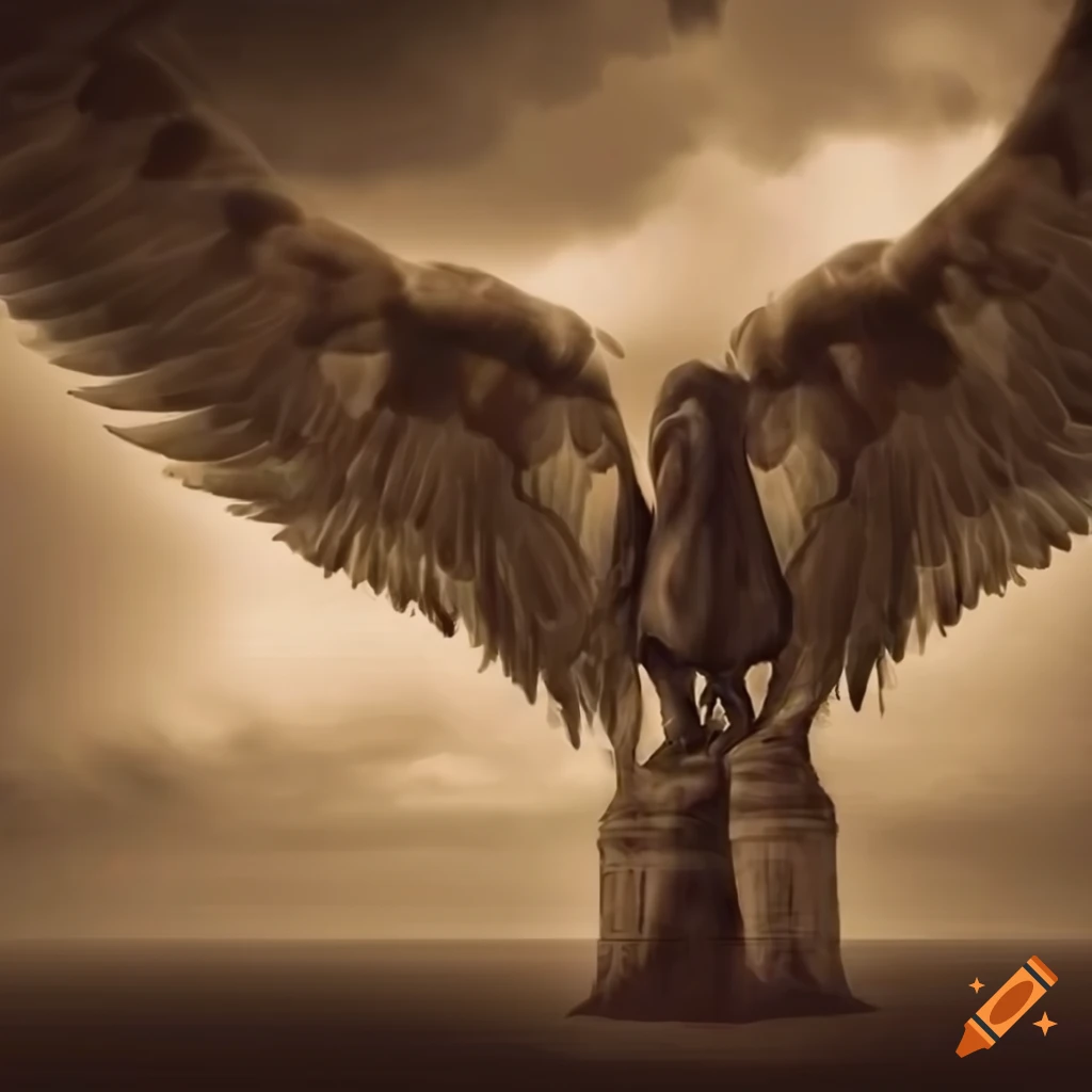 Mysterious winged creature against stormclouds in sepia tone