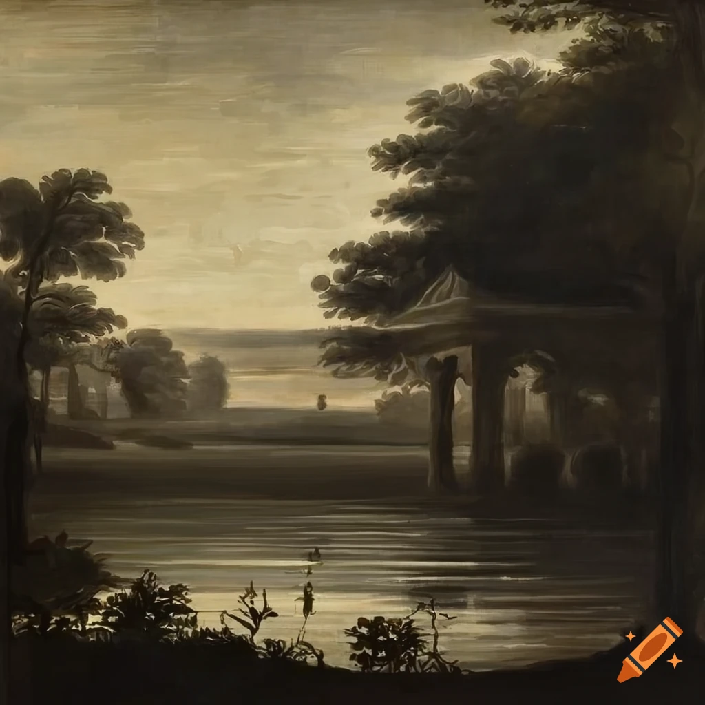 Ethereal painting by Artemisia Gentileschi of a park pond with island and temple in bold black and white