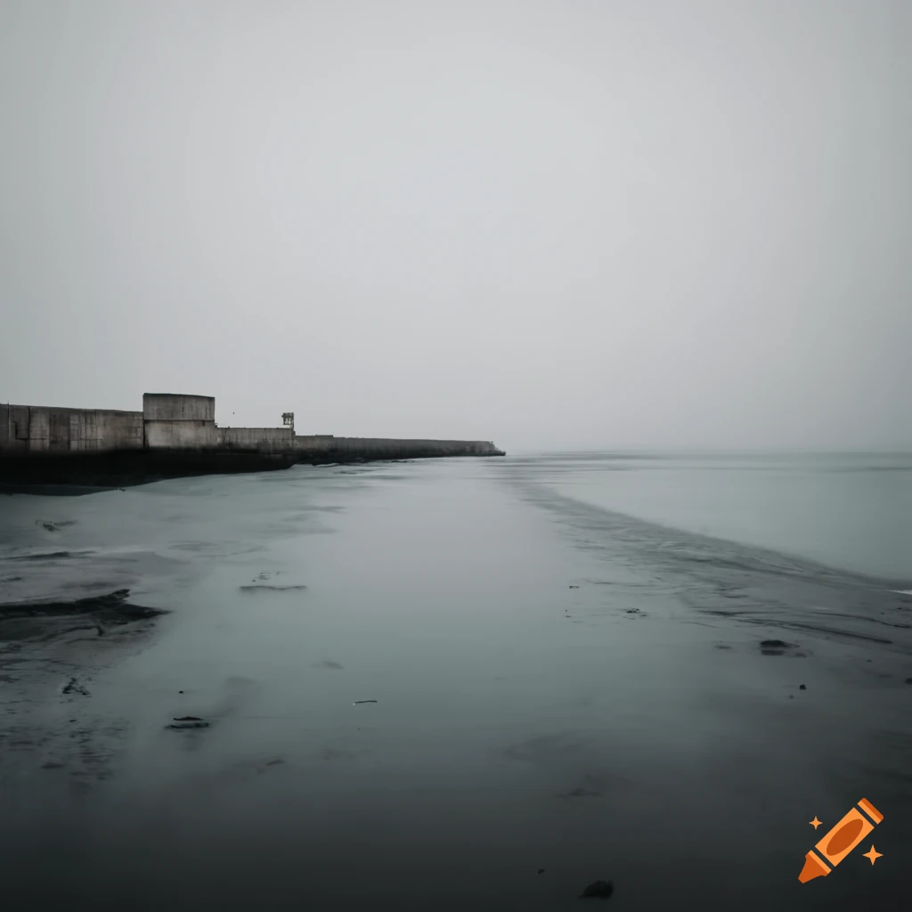 Wide shot of a lonely concrete brutalist town on a gray and polluted coast