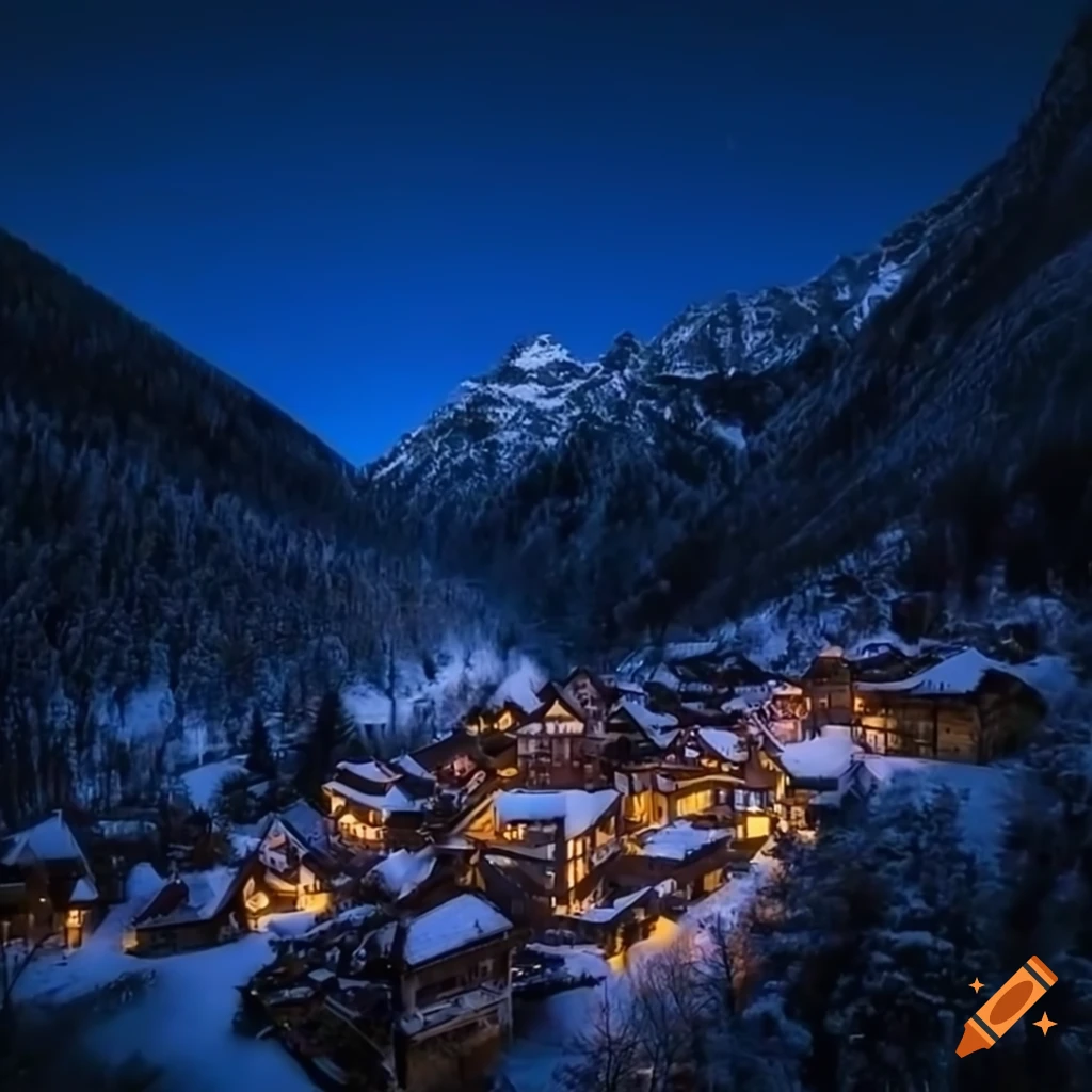 Aerial view of a snowy medieval village in the alps with a river and ...