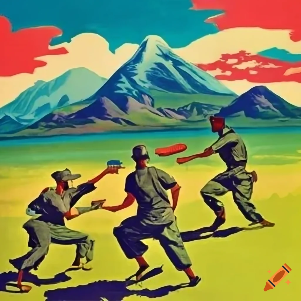 1950s style propaganda illustration of happy men and women in U.S. Army uniforms playing in a grass field with palm trees and a Hawaii mountain in the background