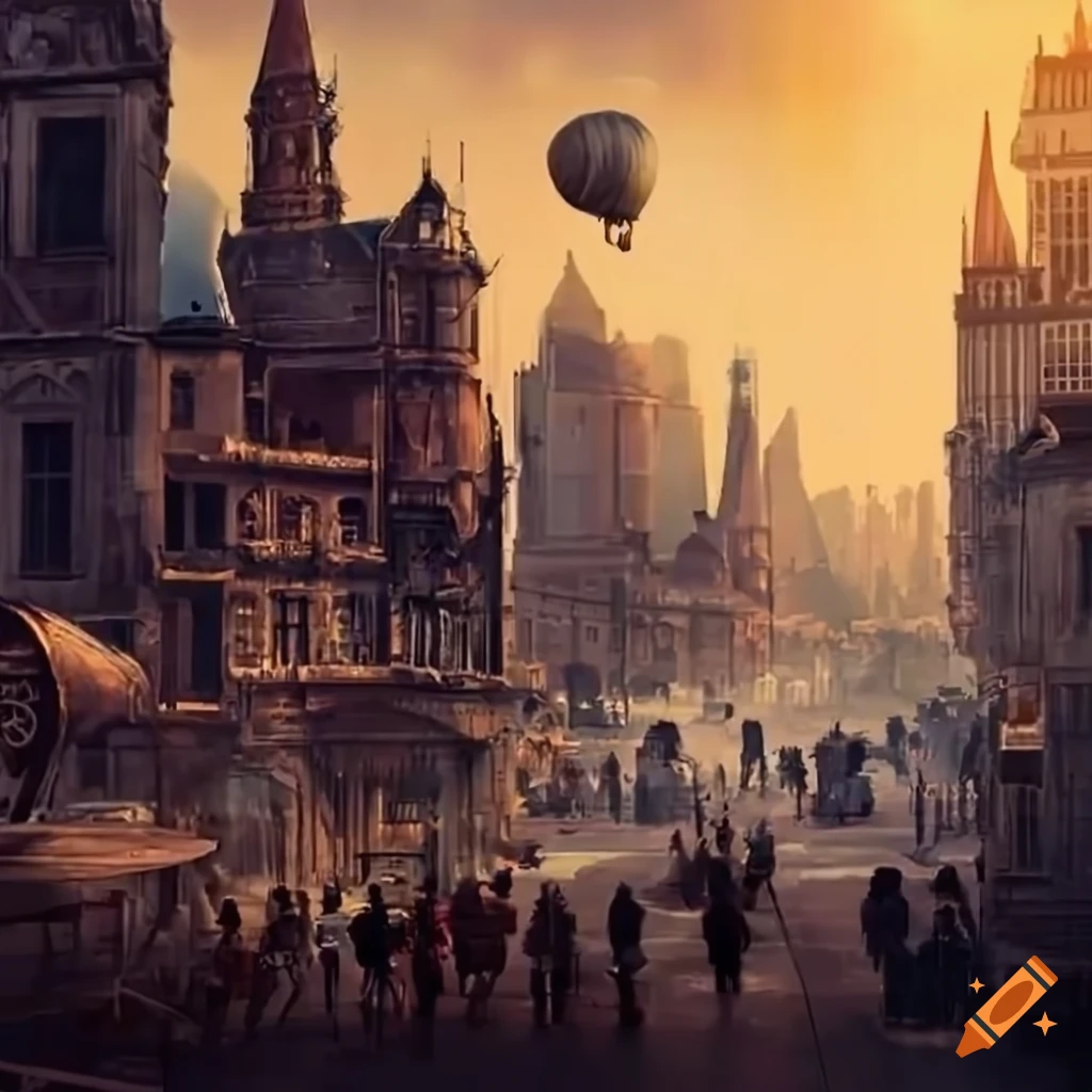 Steampunk city with airship in the distance and people walking around