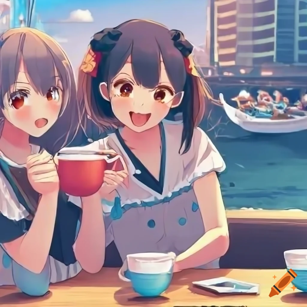 Cheerful anime girls studying and enjoying tea at a harbor cafe with boat traffic in the background