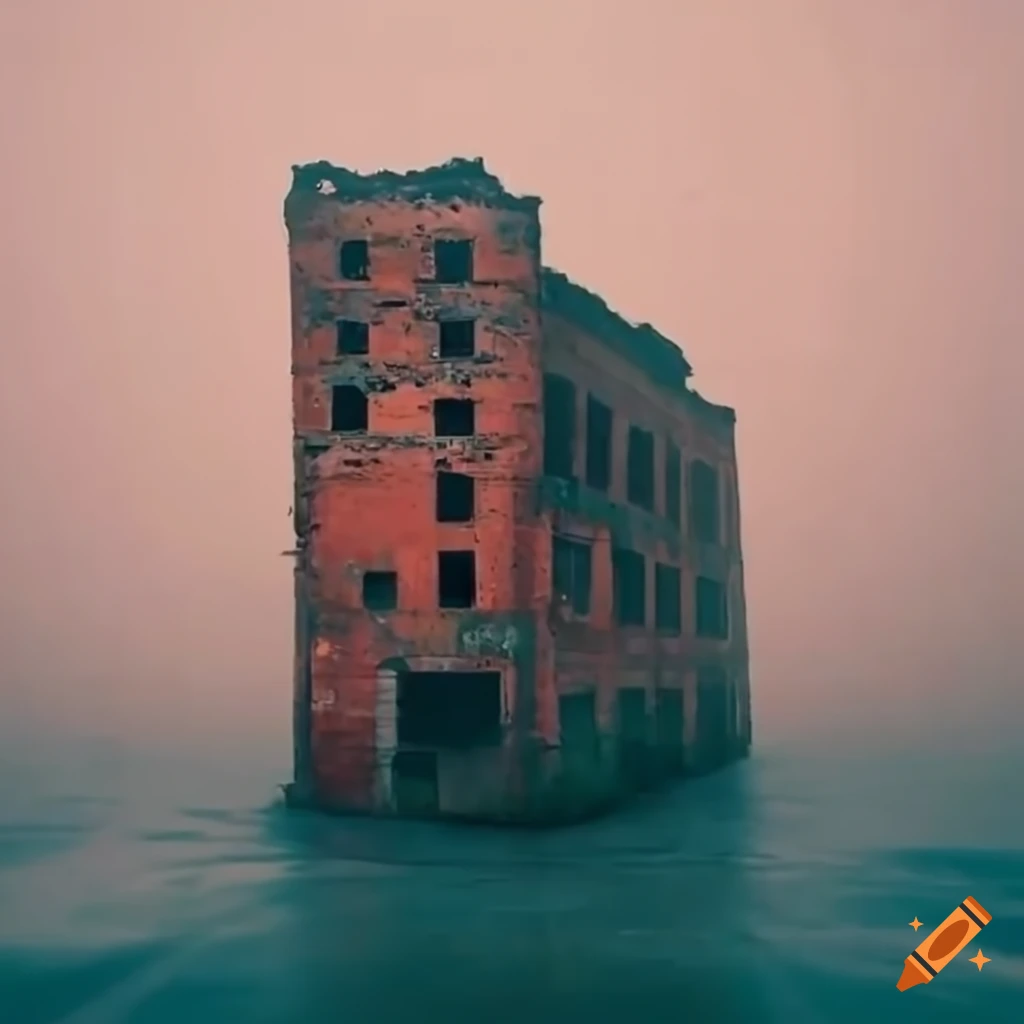 Crumbling abandoned brick buildings sinking into ocean in pale orange fog