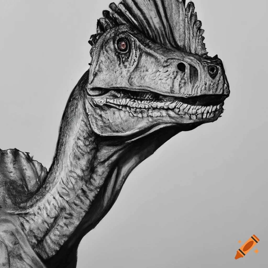 Charcoal drawing of a black and white Dilophosaurus on white paper