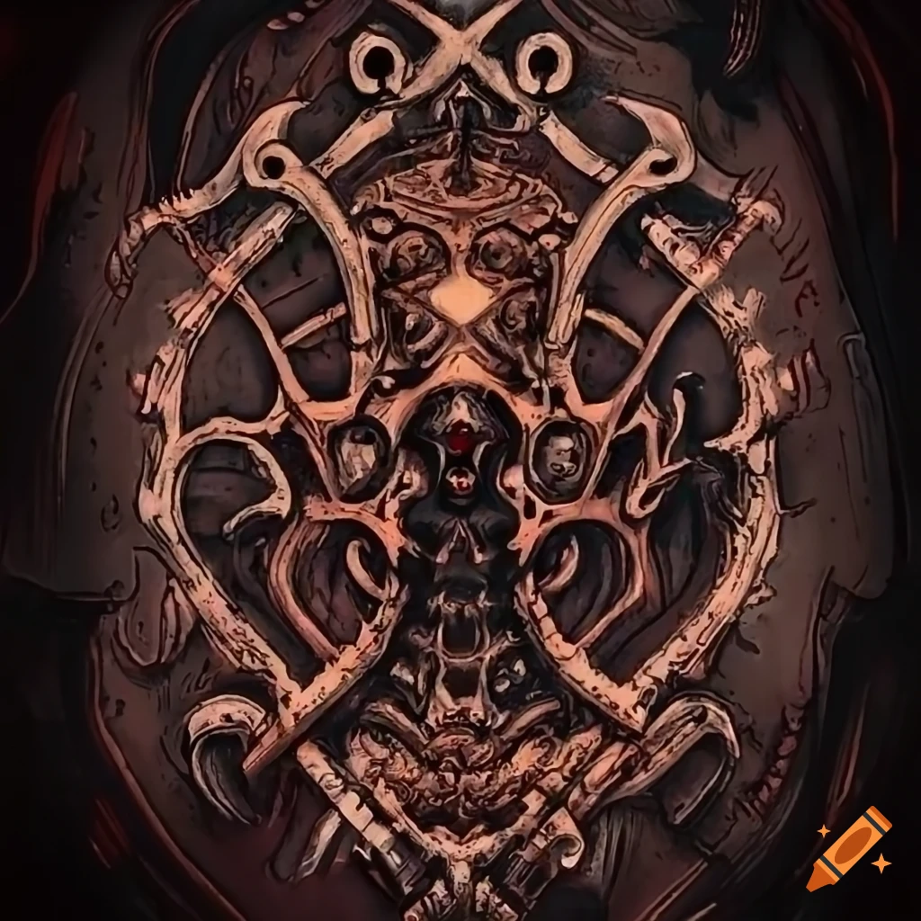 Mechanicus emblem with chaos emblem in giger style on Craiyon
