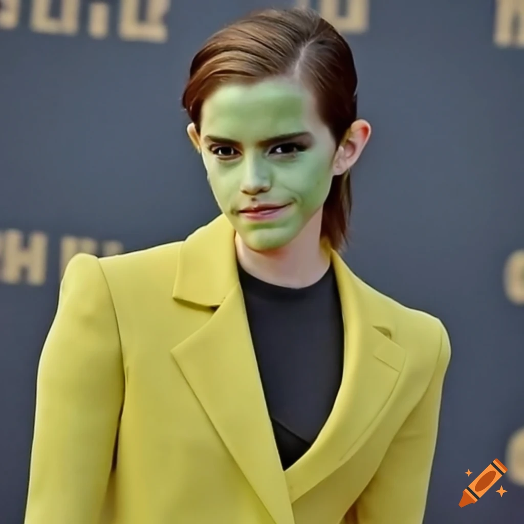 Emma watson in green face paint, yellow suit, and black stiletto heels