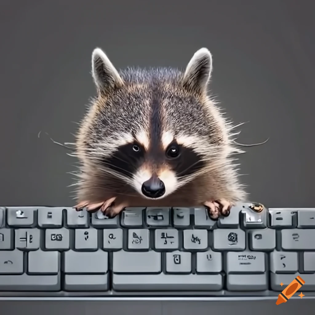 Curious raccoon typing on a computer keyboard on craiyon