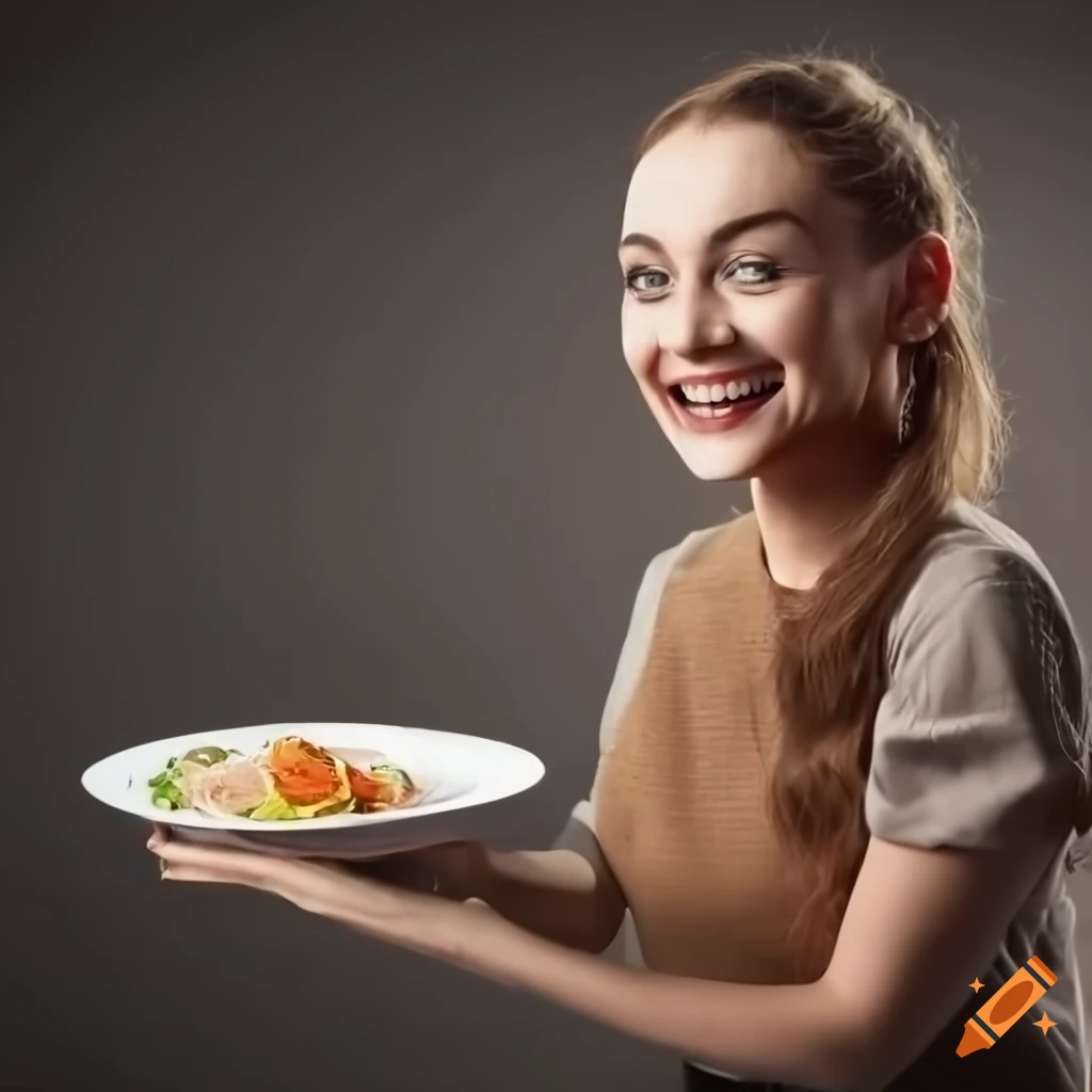 Waitress serving a delicious meal and drink to a happy man