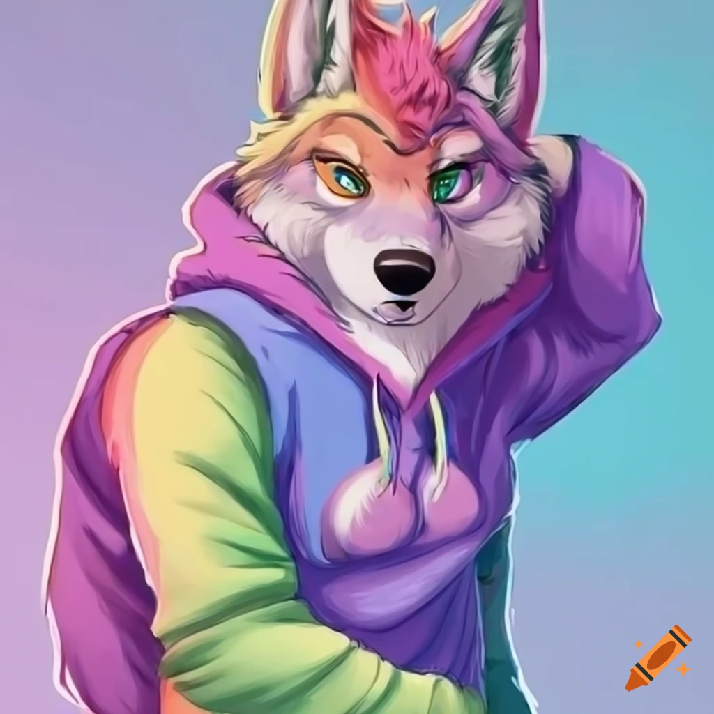 Anthro wolf furry wearing pastel rainbow hoodie on Craiyon