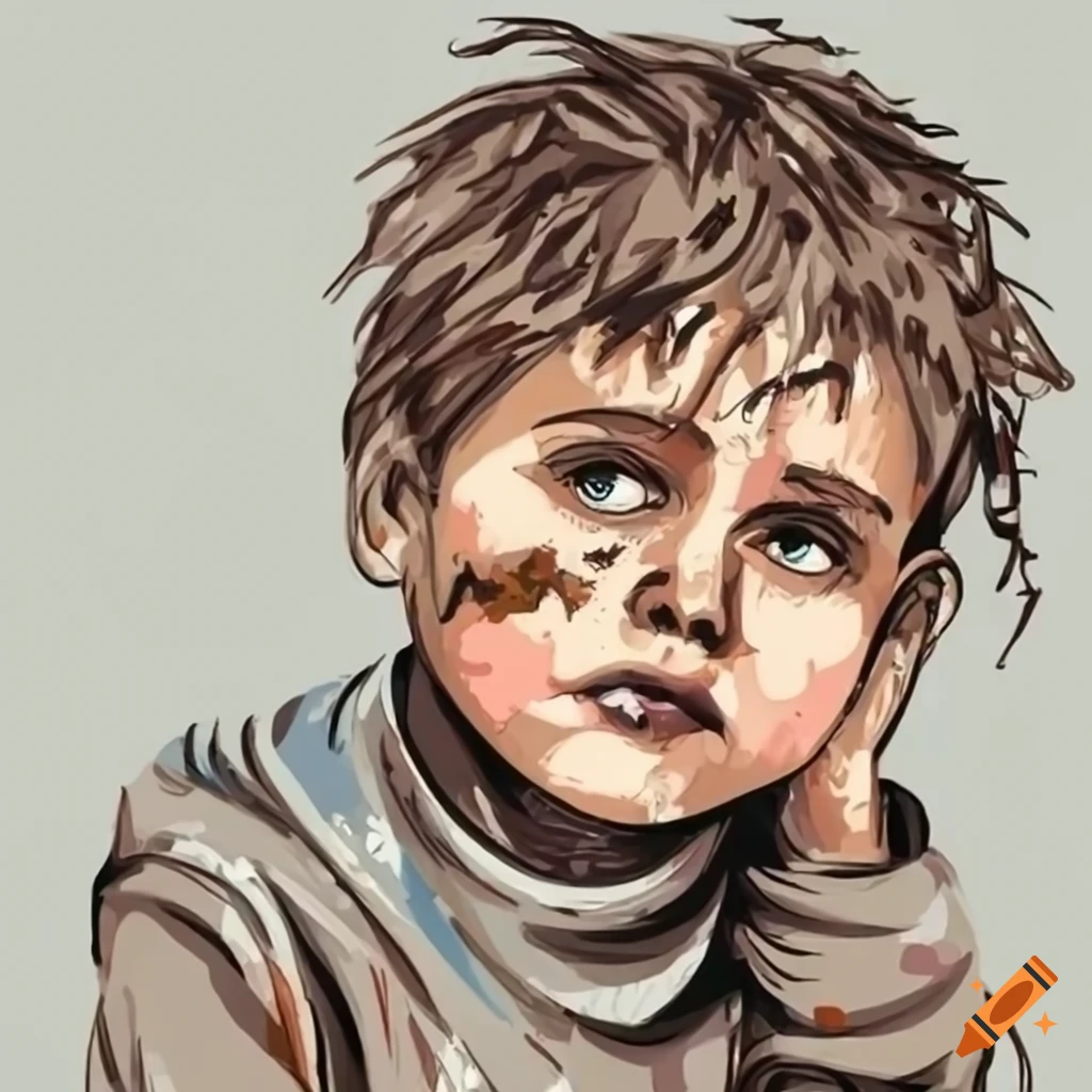 Thoughtful orphan child in worn clothes