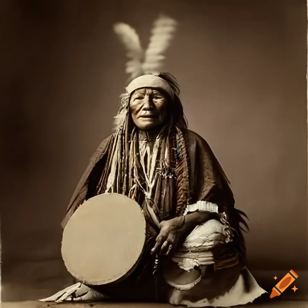 Navajo chief with headdress holding ritual drum in 19th century photo