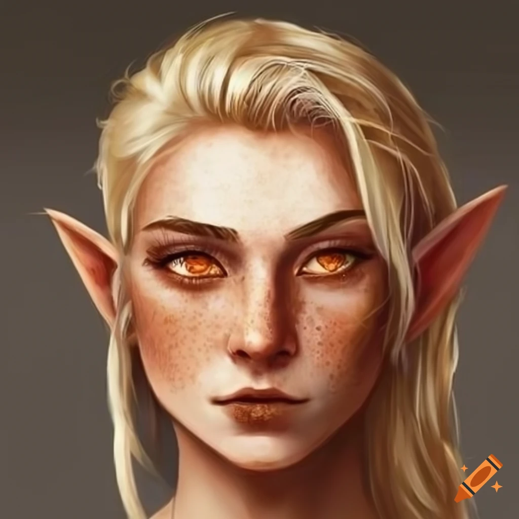 Half elf with blonde hair, tan skin, freckles, and orange eyes on Craiyon