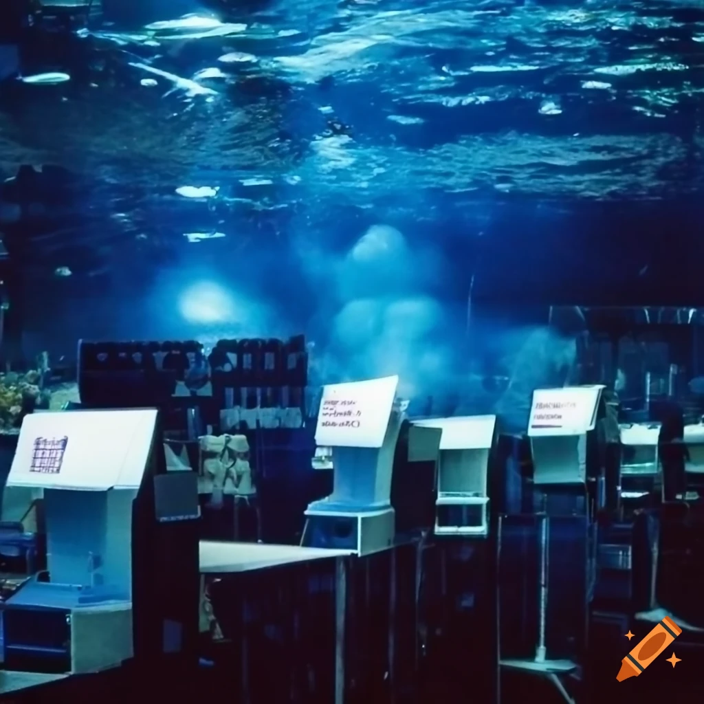 Voting booths at a submerged Walmart with underwater presidential election