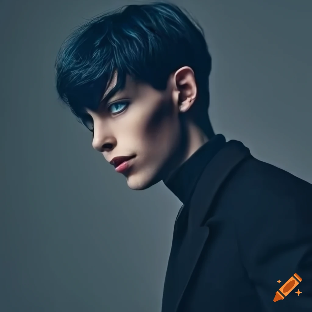 Stylish young man with black hair and deep blue eyes in a medium shot ...