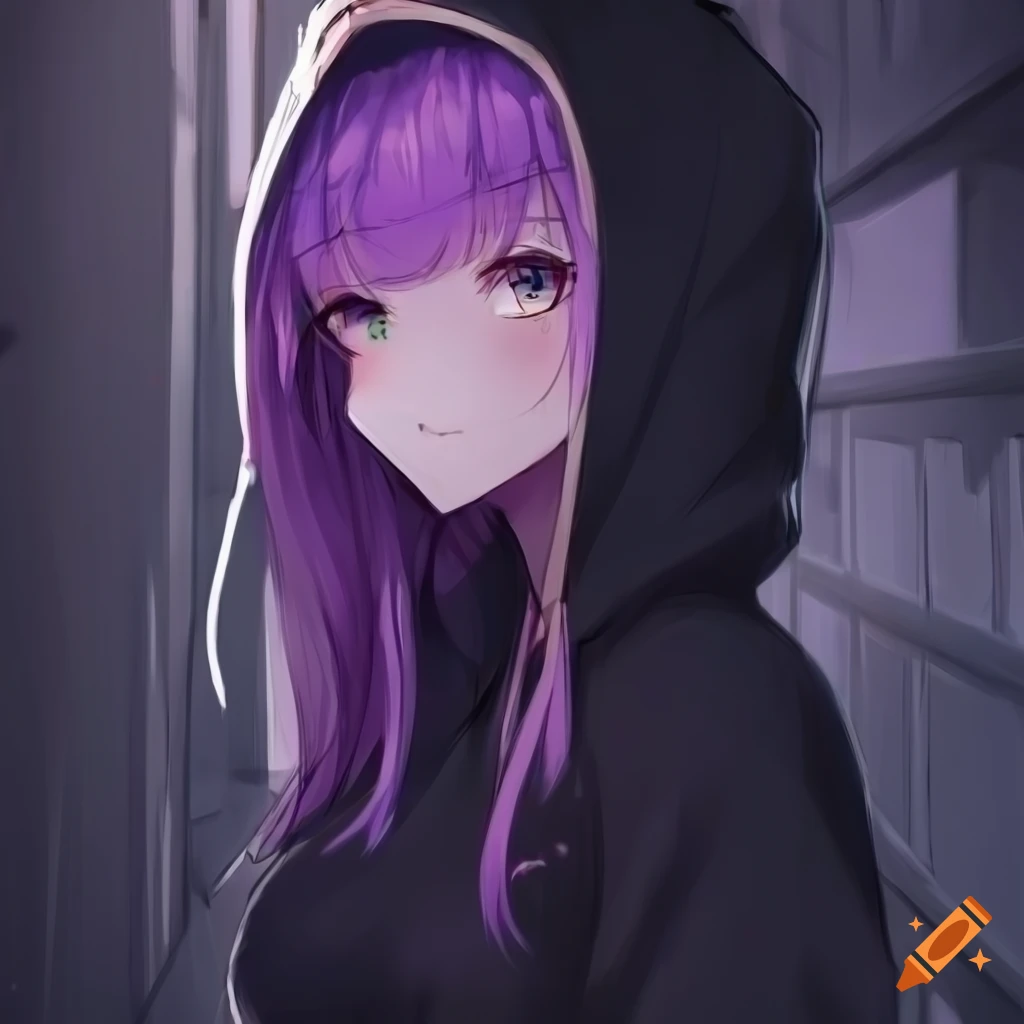 Anime girl with black hoodie in a dark alleyway on Craiyon