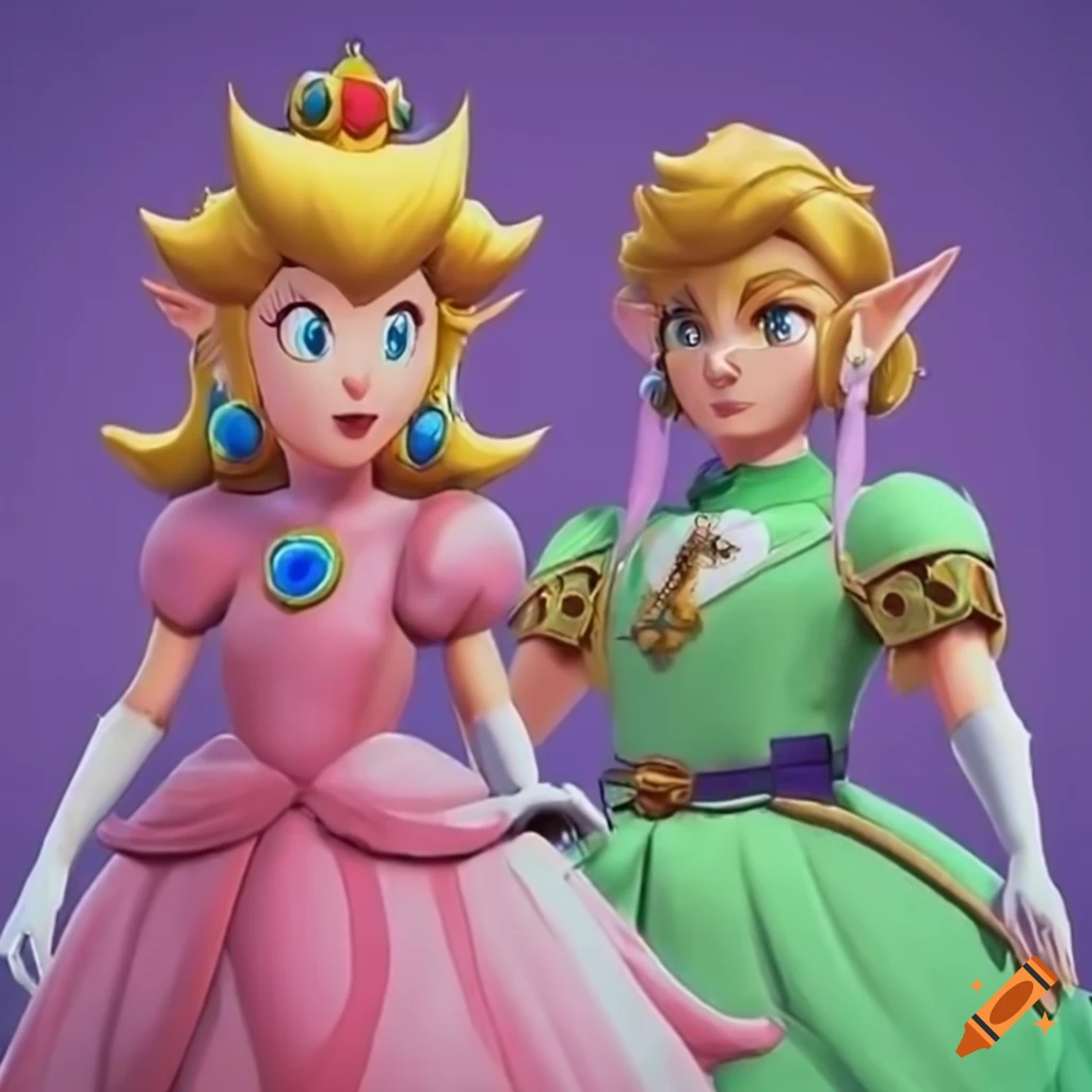 Princess Peach and Link posing together in pink silk ballgown