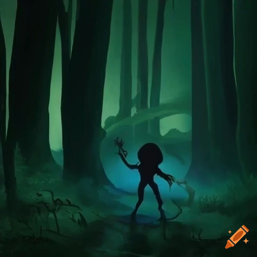Alien running into a moonlit forest clearing