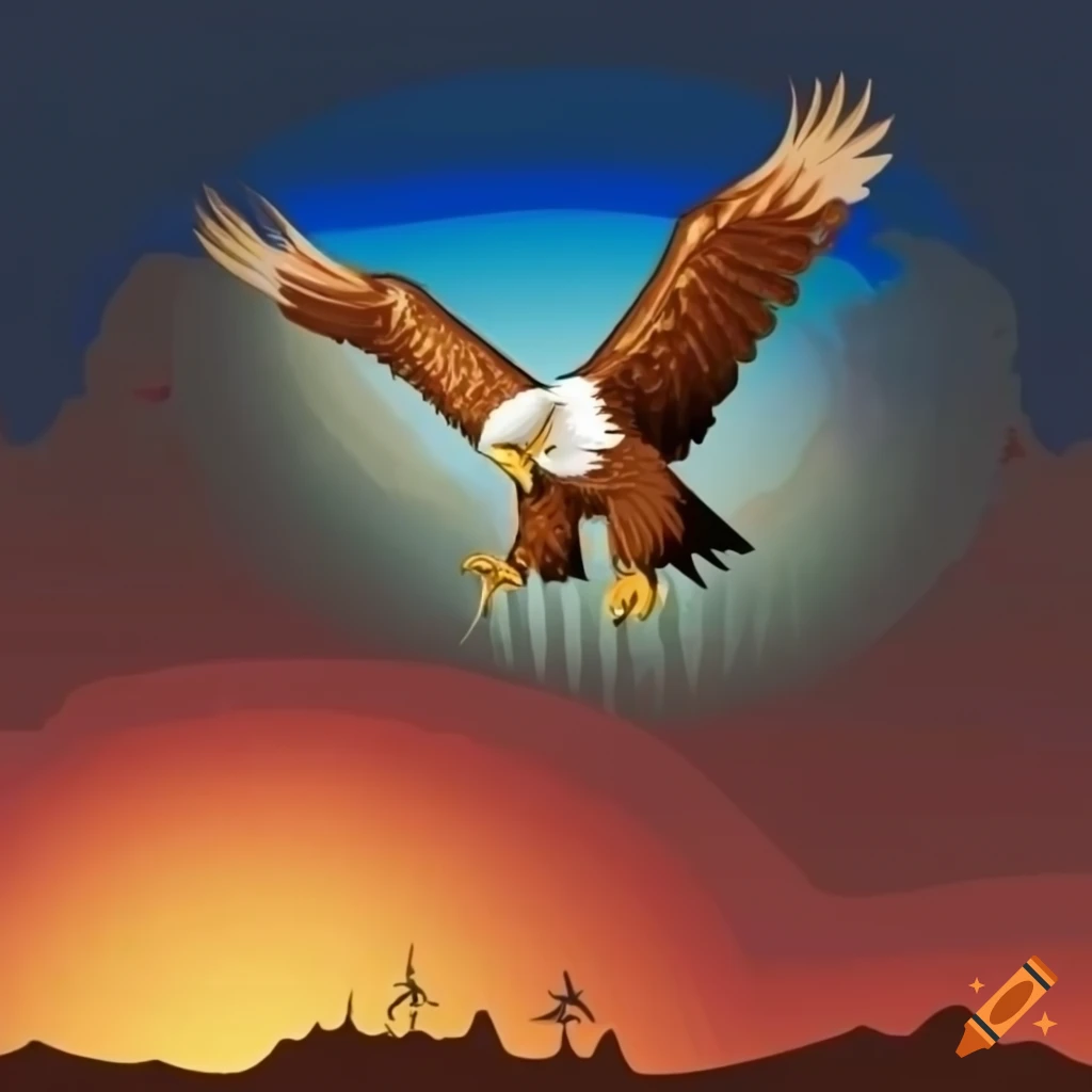 Giant eagle with a saddle flying over a battlefield