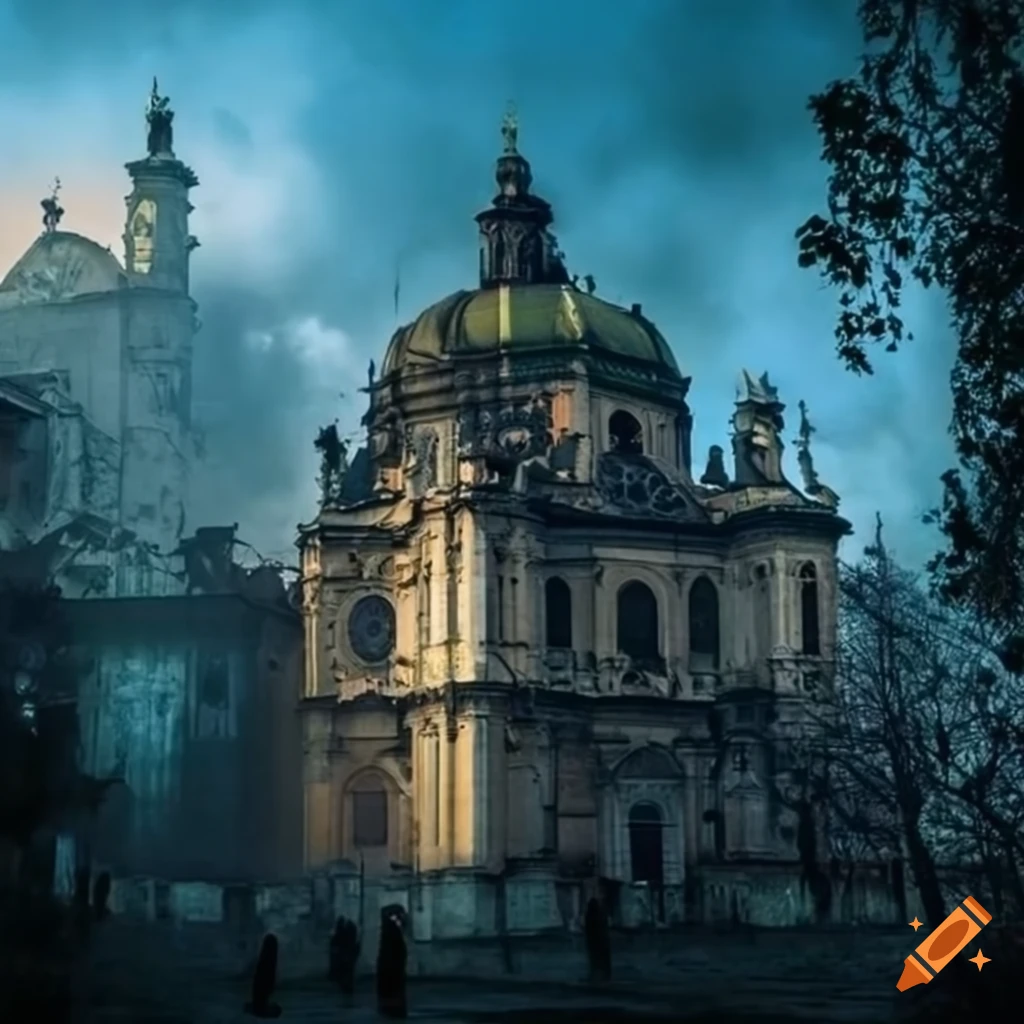 Dominican cathedral in Lviv overtaken by nature in Ghibli style