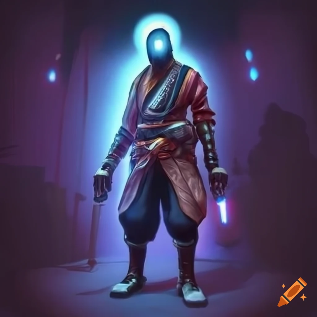Cyberpunk sci-fi monk with glowing eyes and nimbus light