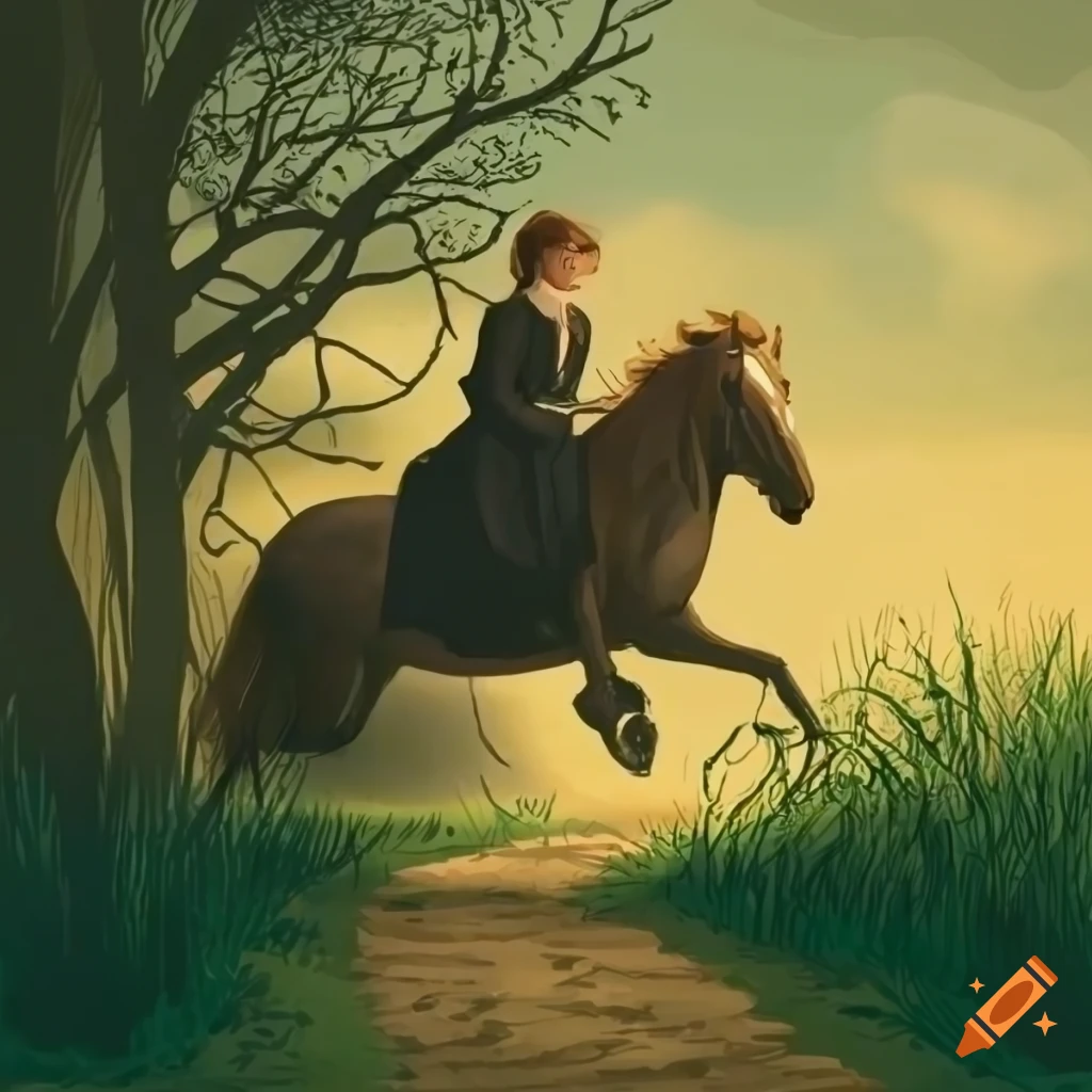 Jane Eyre riding a horse on a grass path with a fallen man in an illustration