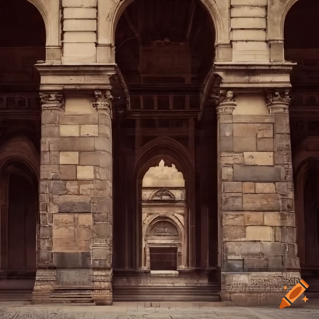 Magnificent ornate retro-future stone building with cobblestone street