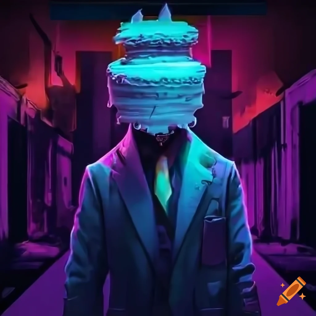 Young detective with a cake-shaped head investigating with a magnifying glass in a colorful synthwave style