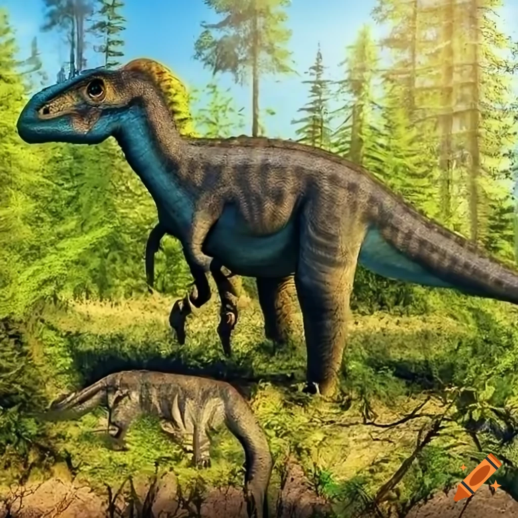 Duckbilled hadrosaur dinosaur with lizard-like color pattern and elephant-like skin texture in warm morning light
