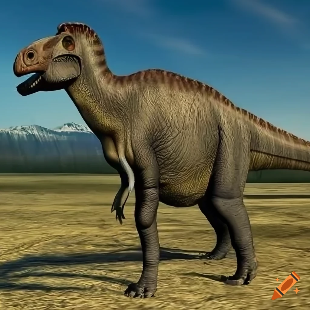 Scientifically accurate Hadrosaurus dinosaur in warm morning light with Bongo antelope color pattern
