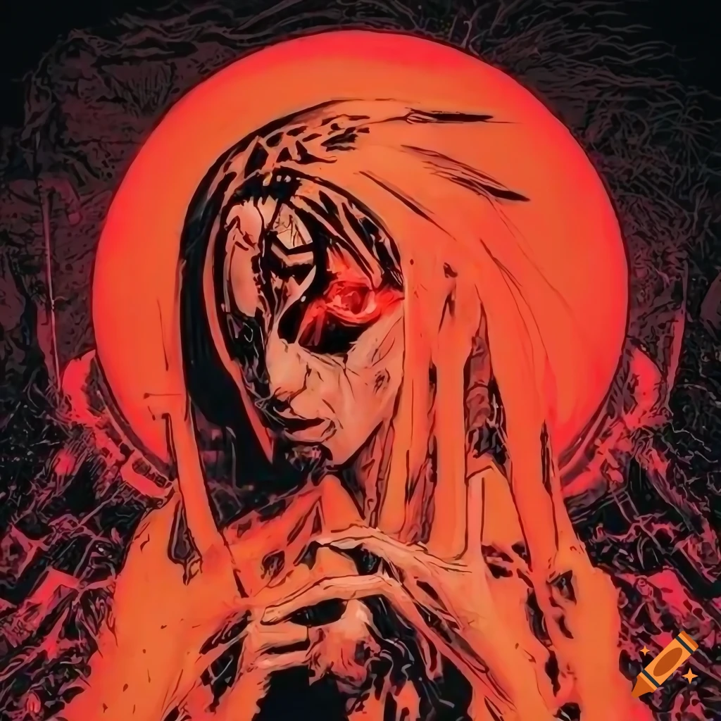 Artistic composition with bright neon colors and demonic theme