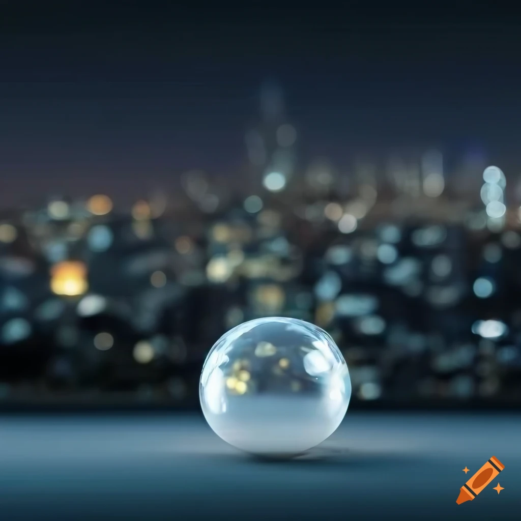 Clear sphere with reflected city at night