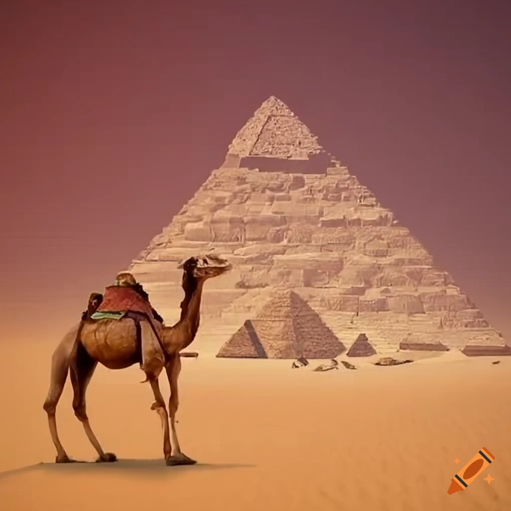 Camel in the desert with pyramid in the background