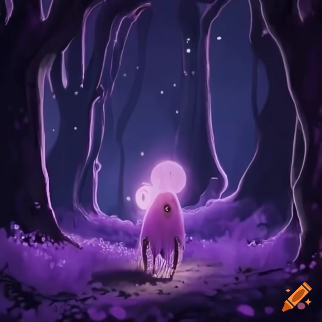 Mysterious/mystical creature floating in a purple forest of bubbles in Studio Ghibli style