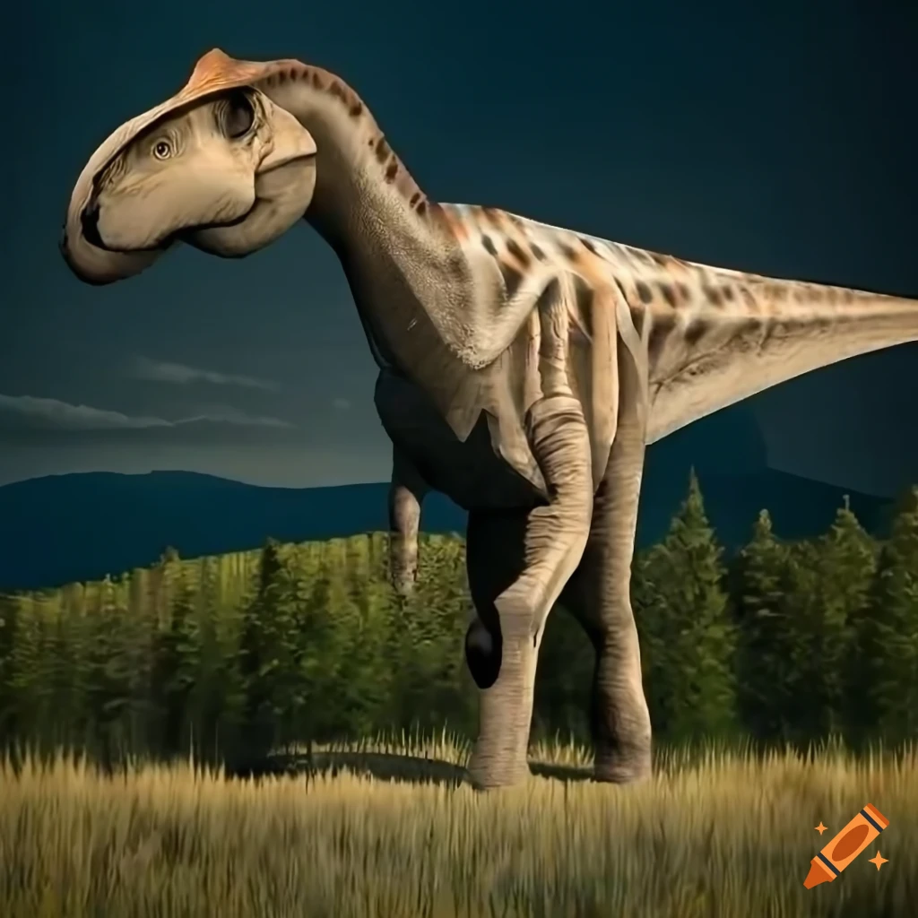 Scientifically accurate Hadrosaurus dinosaur in warm morning light with Bongo antelope color pattern