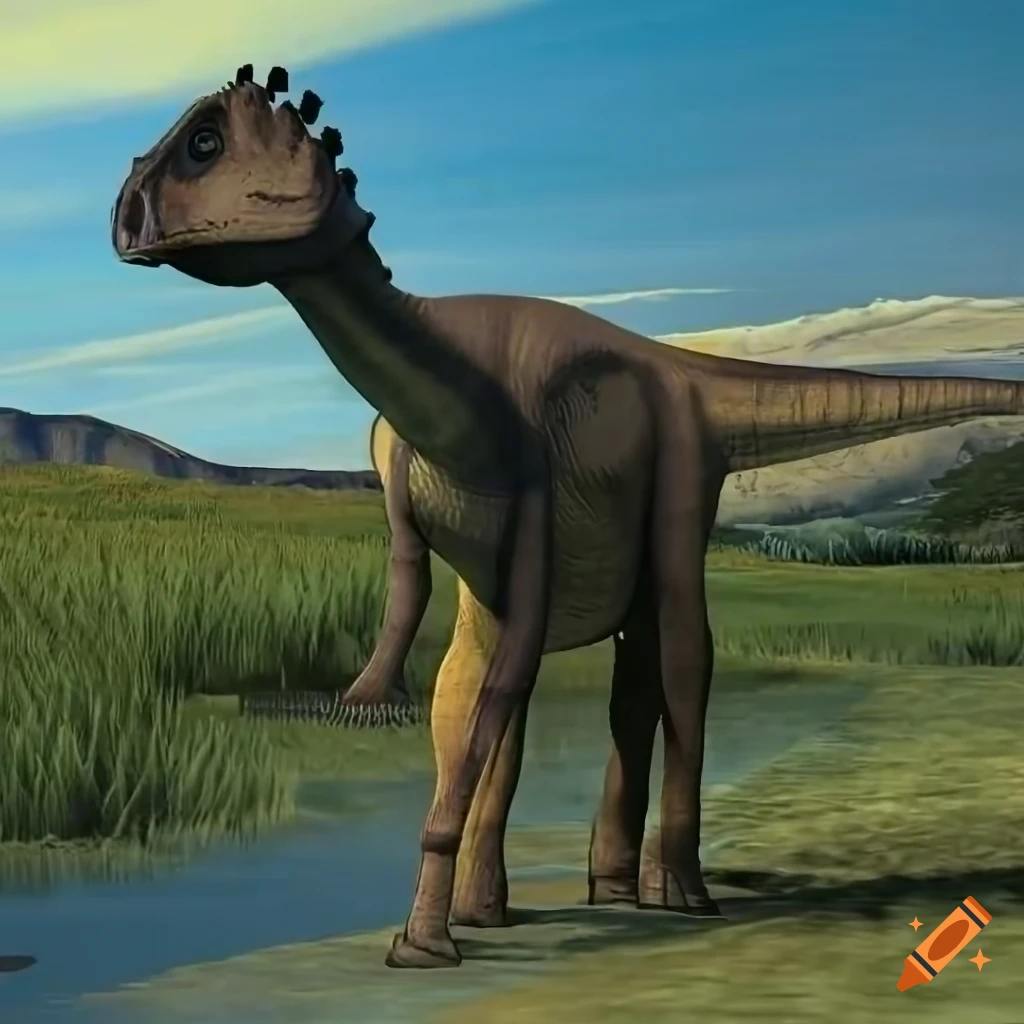 Scientifically accurate Hadrosaurus dinosaur with Bongo antelope color pattern and elephant-like skin texture