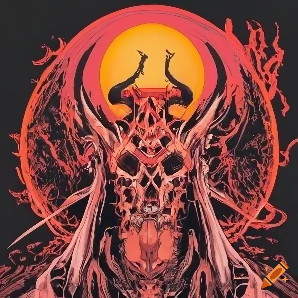 Artistic composition with bright neon colors and demonic theme