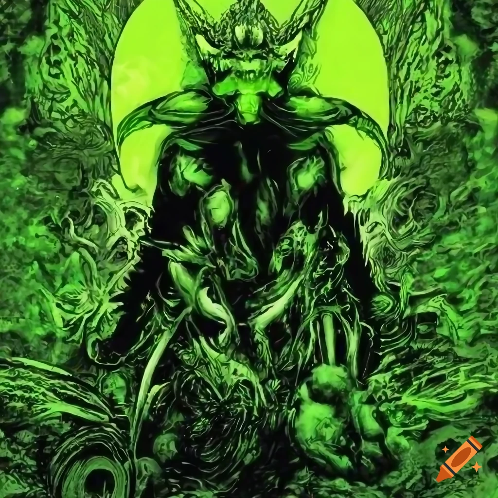 Demonic angel apostle with a beautiful male face in black, white, neon green and neon yellow