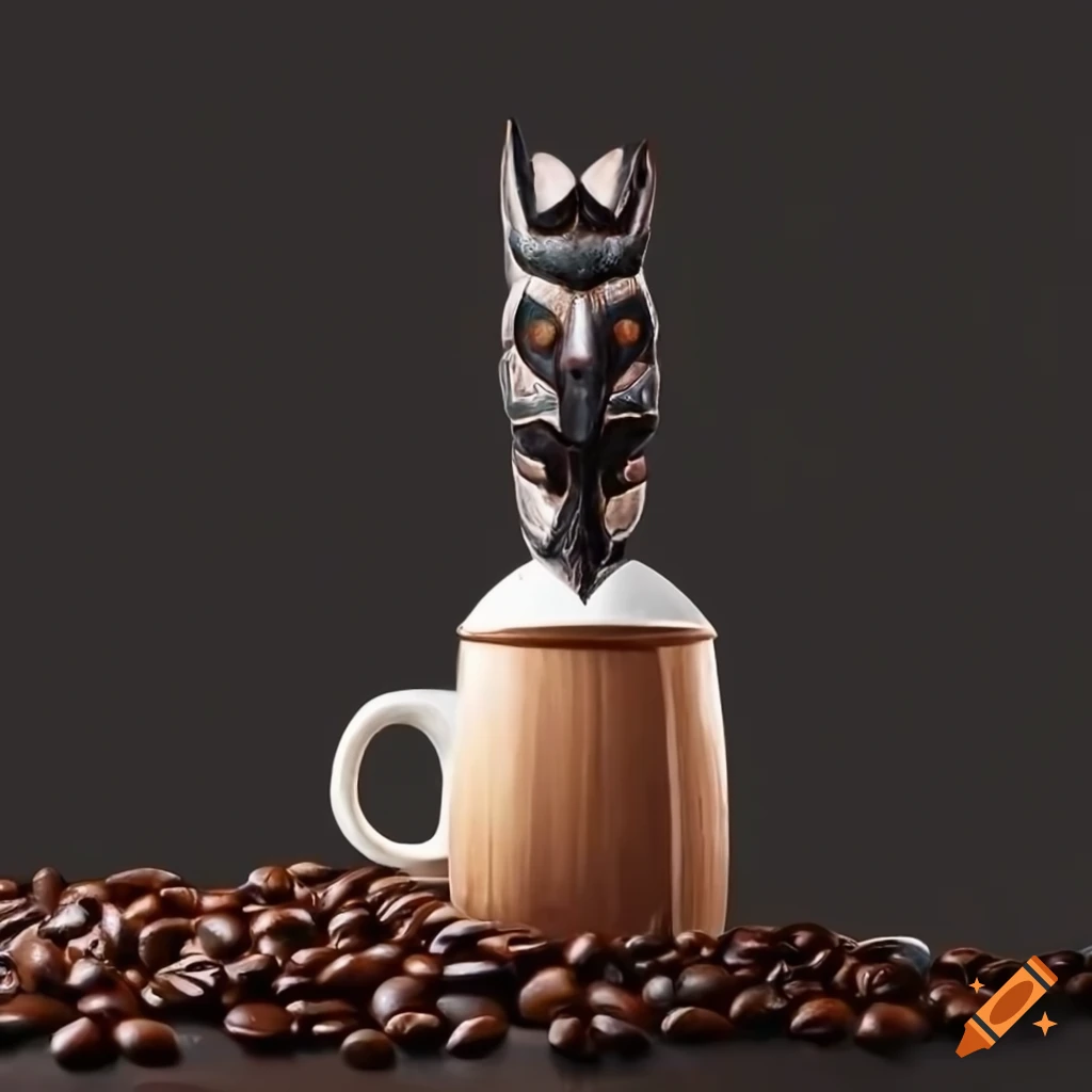 Coffee cup, pot, beans, and totem pole with steam resembling a raven