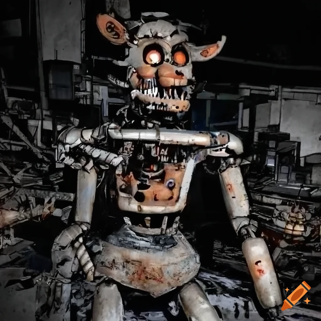 Detailed portrait of an old damaged animatronic robot in a dusty factory