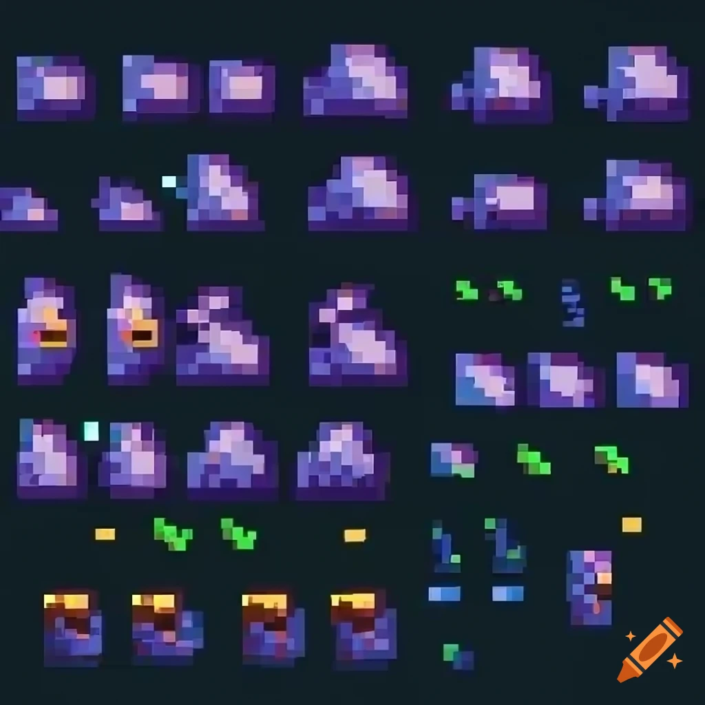 Pixel art sprite sheet with 64x64 sprites of mining and minerals on an ...