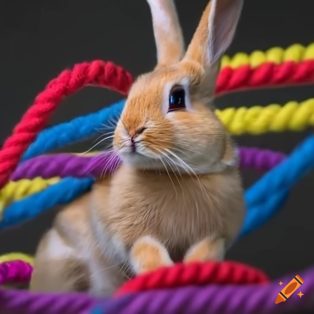Playful bunny tangled in colorful ropes on Craiyon