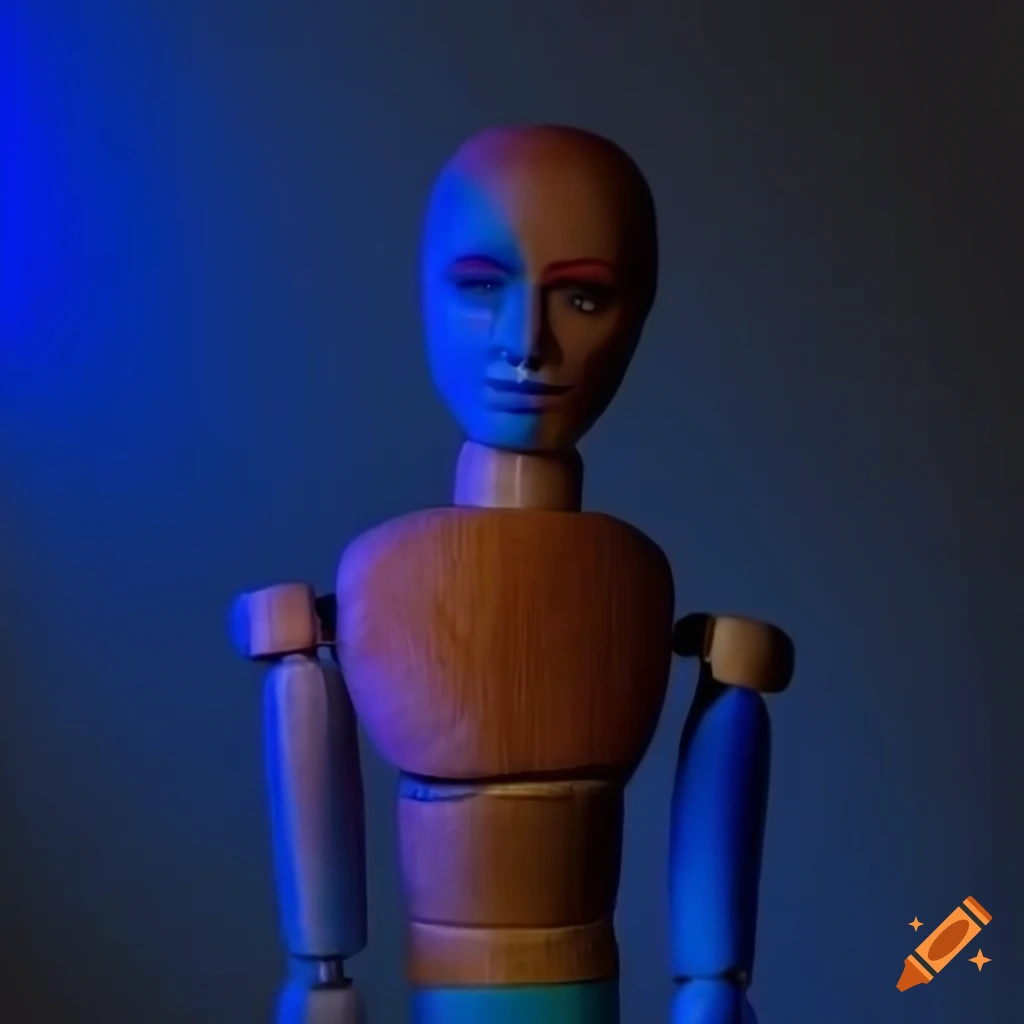 Detailed 4k photograph of wooden anatomy puppet with Joker makeup in dramatic lighting